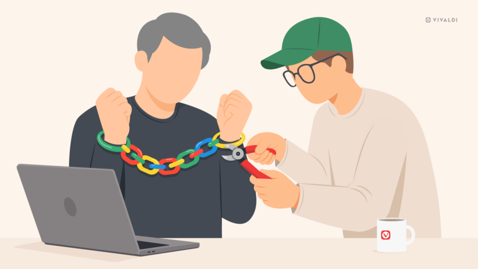 Drawing of an older man with shackles in green red yellow and blue, and a younger man cutting of the shackles. There is a computer on the table in front of them and a vivaldi mug beside the young man