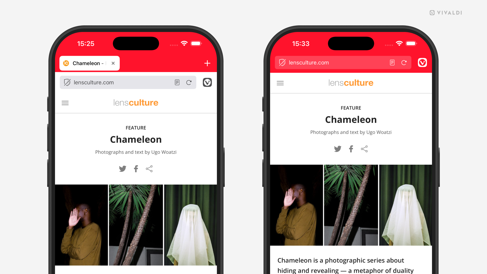 Two iPhones with Vivaldi open on them. On the phone on the right the Tab Bar is visible, on the left one it's hidden.
