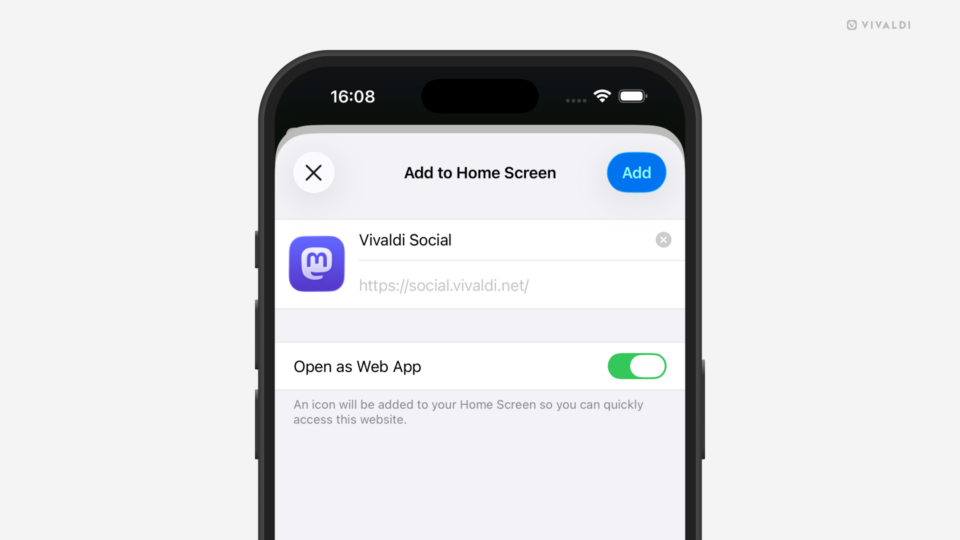 Page for adding a website as a Home Screen shortcut open in Vivaldi on iOS.
