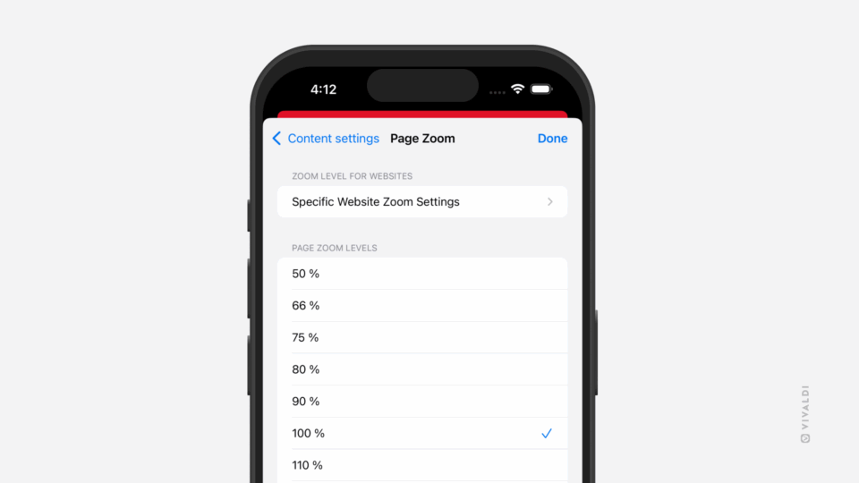 Zoom settings in Vivaldi on iOS.