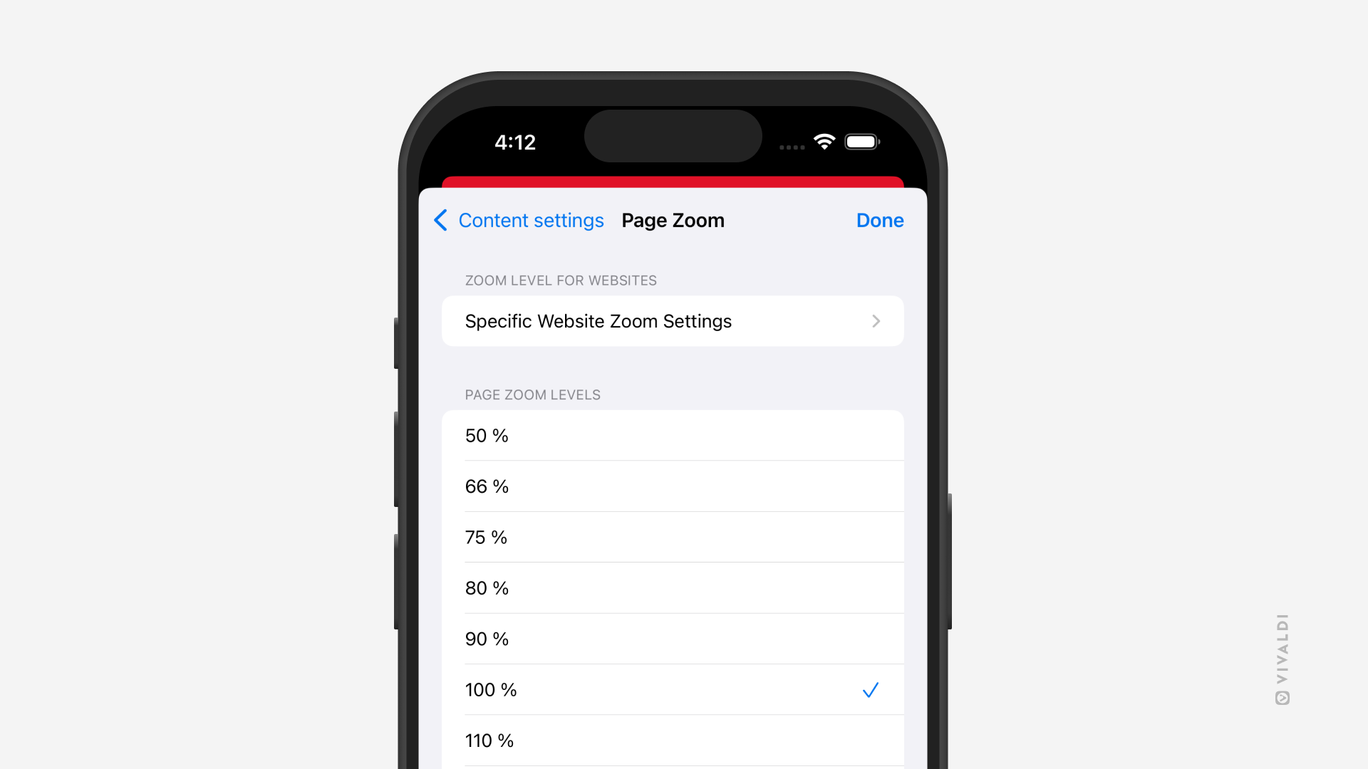 Zoom settings in Vivaldi on iOS.