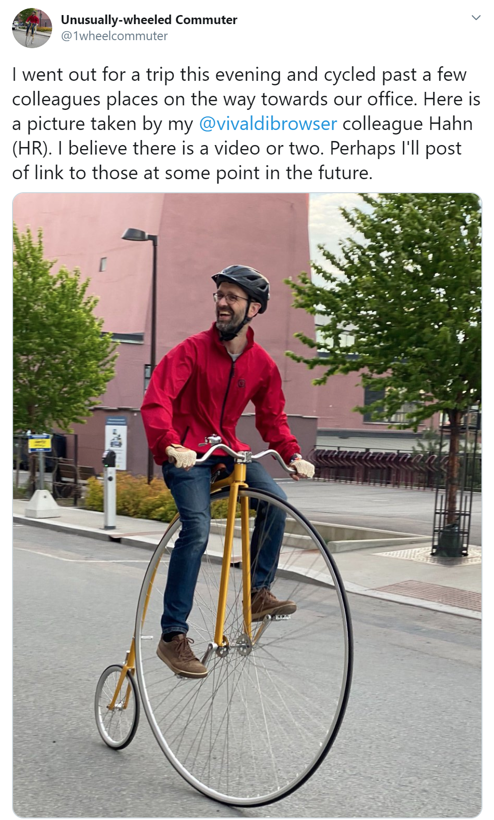 Ruari from Vivaldi on a high wheeler bicycle.