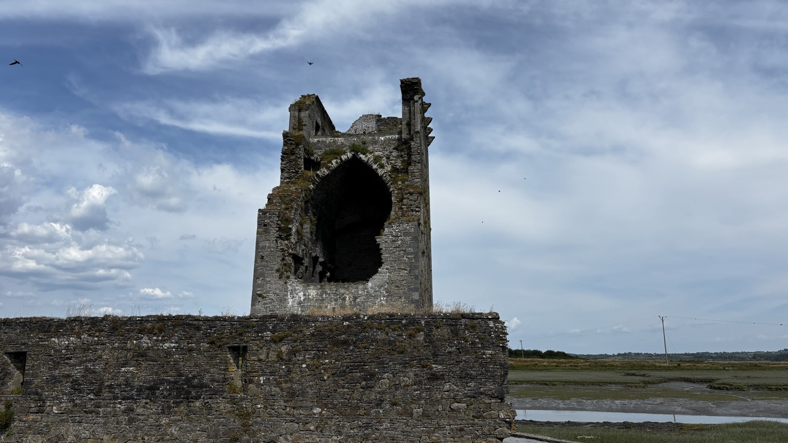 Carrigafoyle Castle on the marshy landscape near Ballylongford, County Kerry. A large arched opening sits high on the weathered stone, with sections of the wall missing. Under a cloudy sky.