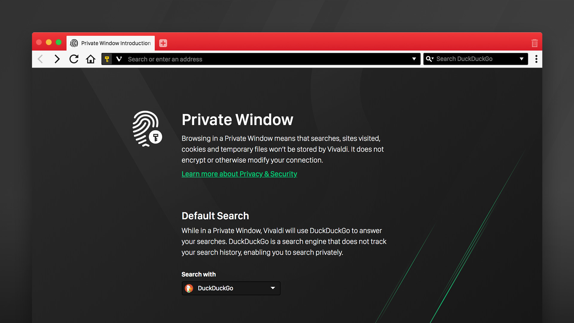 Private mode in Vivaldi browser, showing the option to select a separate default search engine for Private Windows.