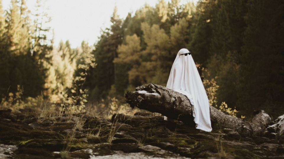 A person dressed as a ghost sits on a fallen log in a mossy forest.