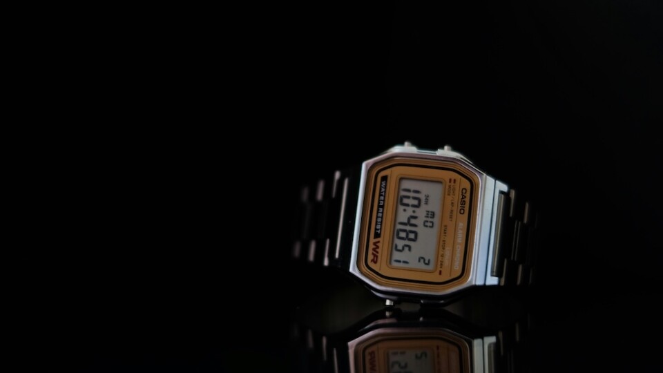 Picture of a Casio A158WEA-9, digital watch against a black background.