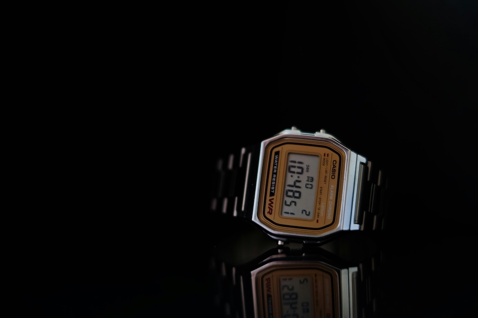 Picture of a Casio A158WEA-9, digital watch against a black background.