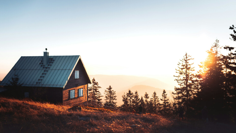 A small wooden cabin with a metal roof sits on a grassy hillside surrounded by tall evergreen trees.