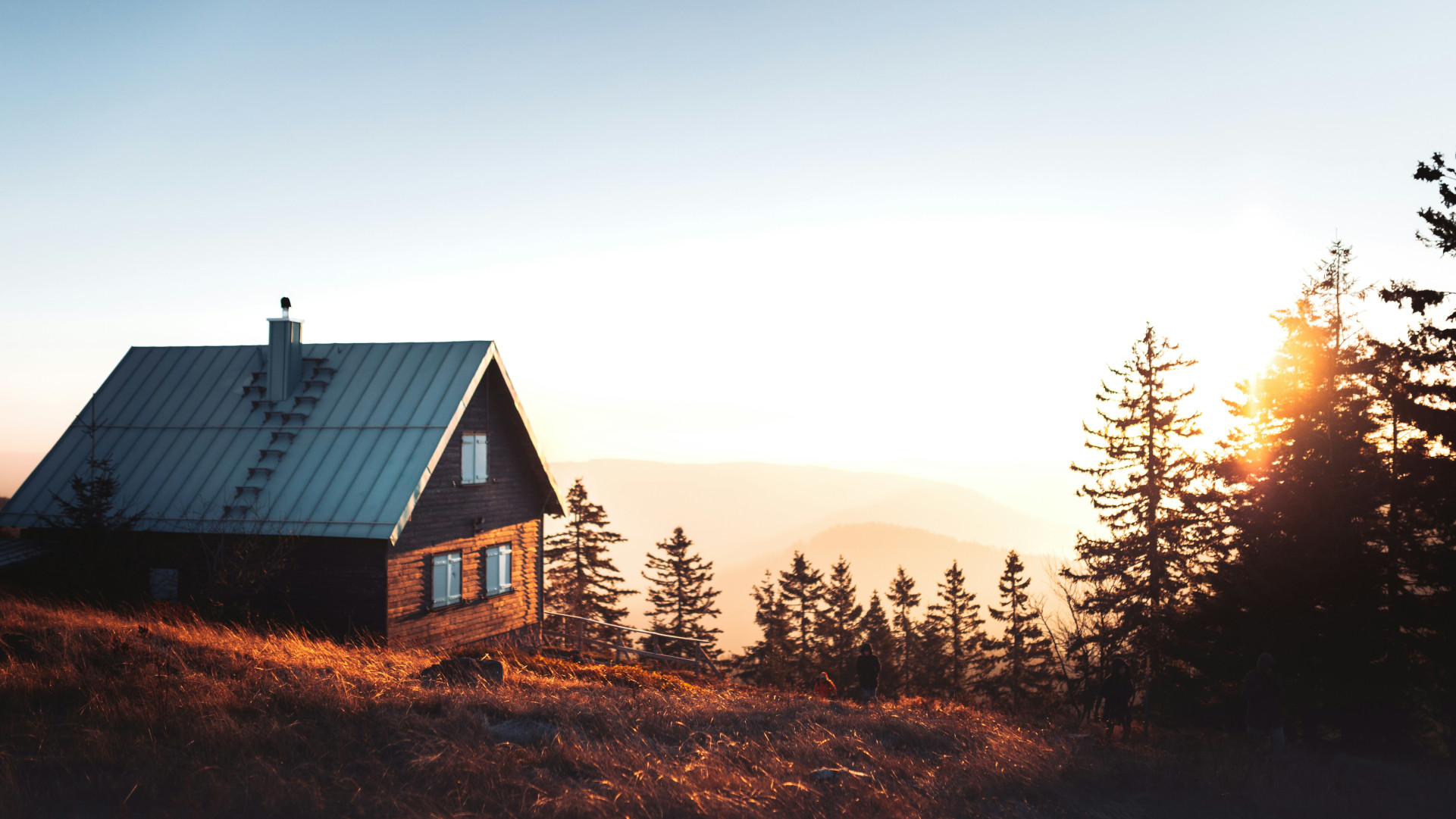 A small wooden cabin with a metal roof sits on a grassy hillside surrounded by tall evergreen trees.