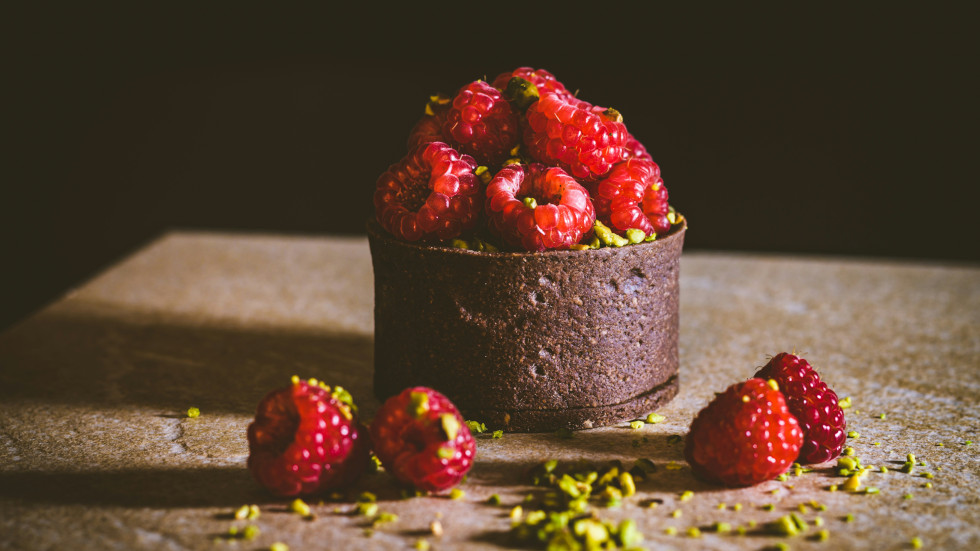 A small chocolate and raspberry cake