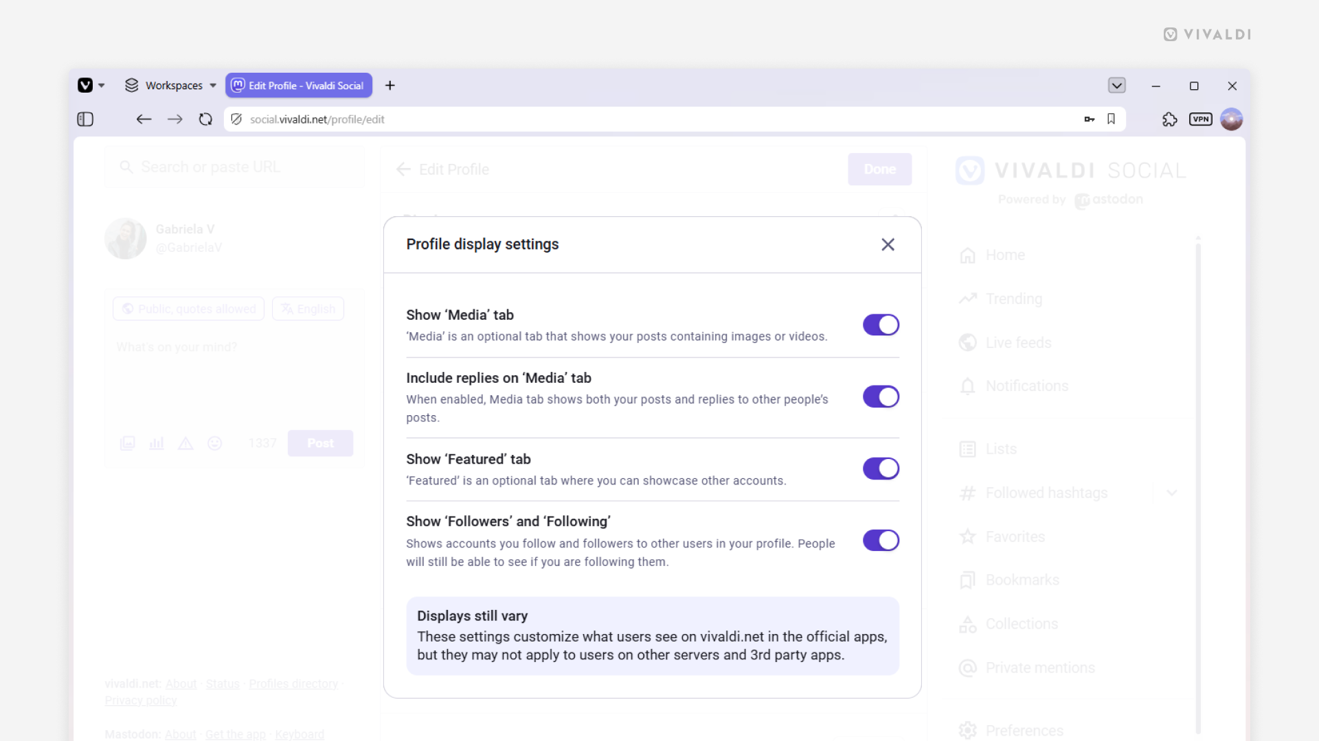 Vivaldi Social's Profile Display settings open in a Vivaldi browser window.