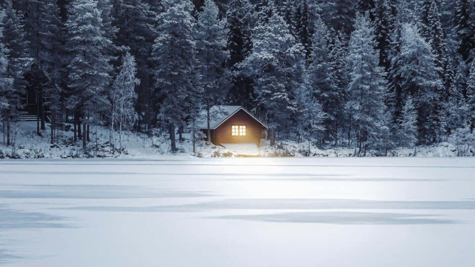 Cabin at the edge of a frzeon lake. Snow covered trees around. There is a light on showing from the window or the cabin.