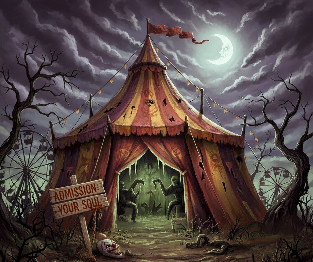 An image of a scary circus tent, wth a sign reading "admission: your soul"