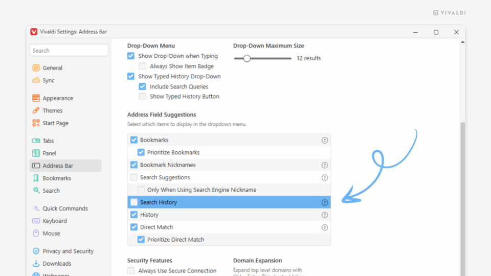 Address Bar settings in Vivaldi. An arrow points at the disabled Search History option.