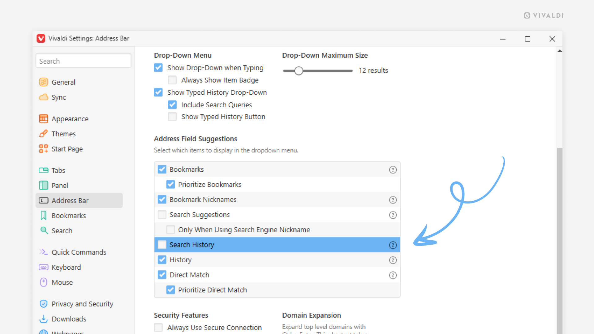 Address Bar settings in Vivaldi. An arrow points at the disabled Search History option.