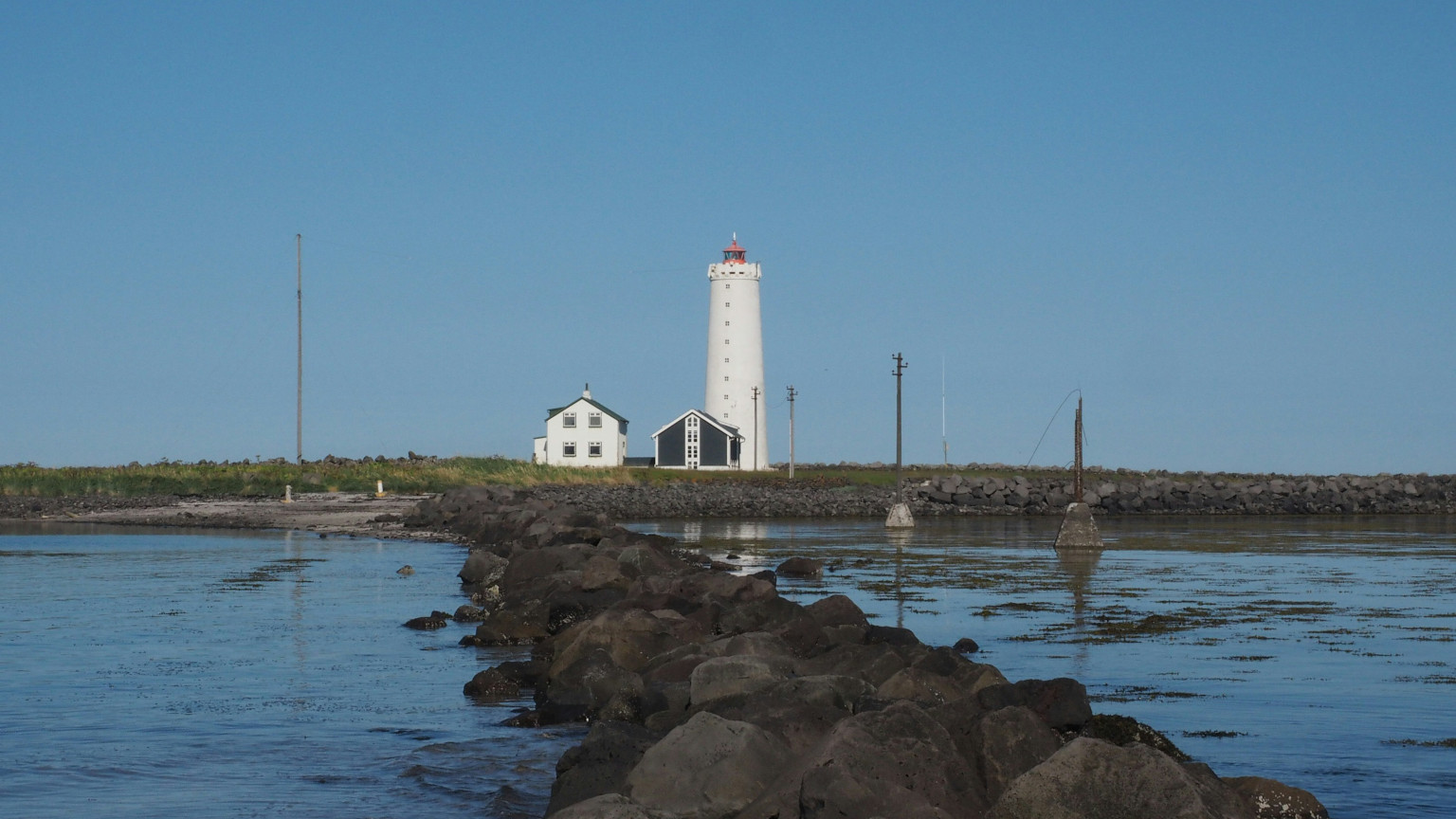 Grótta Island Lighthouse, Seltjarnarnes, Iceland from a distance