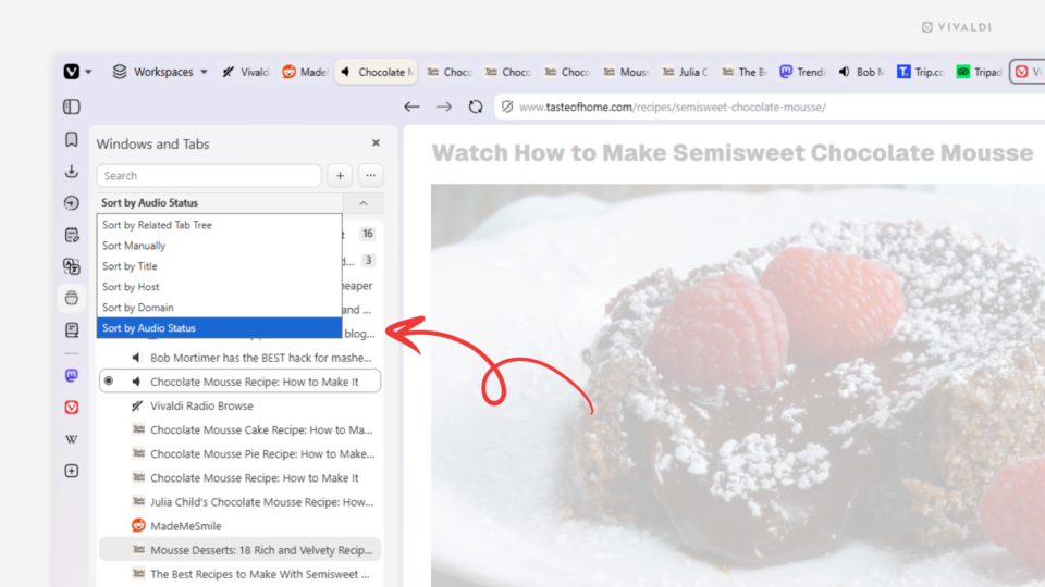 Vivaldi browser window with the Windows and Tabs panel open. Arrow points at the "By Audio Status" option in the sorting menu.