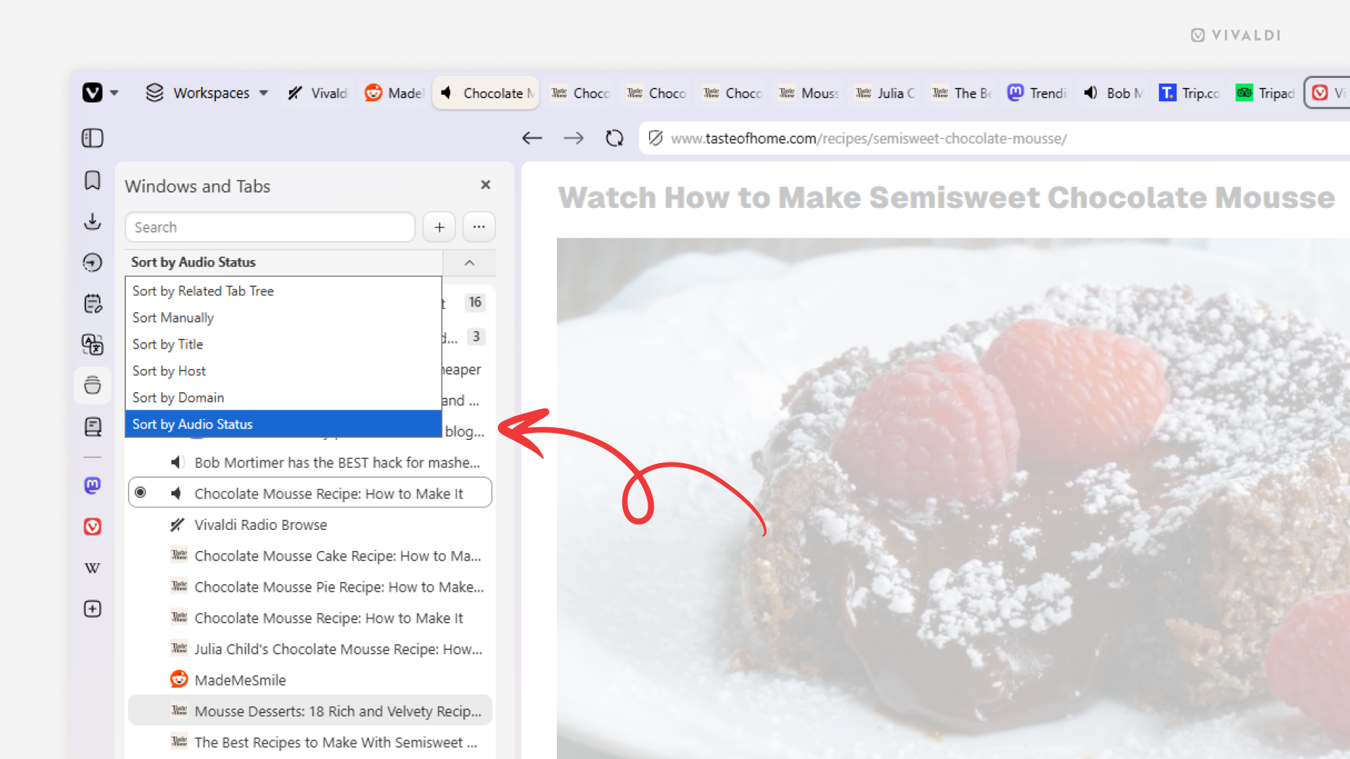 Vivaldi browser window with the Windows and Tabs panel open. Arrow points at the "By Audio Status" option in the sorting menu.