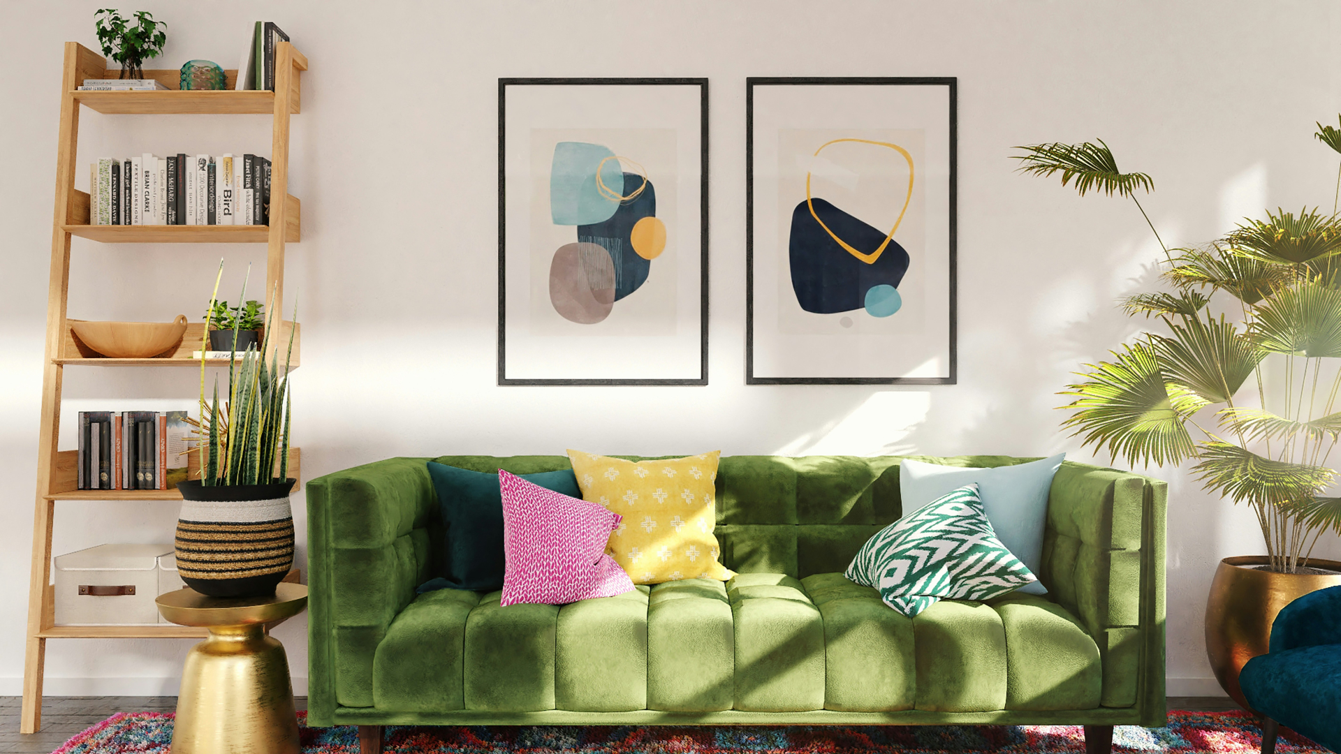 A light filled room with a green sofa a bookshelf and numerous interior design decorations.