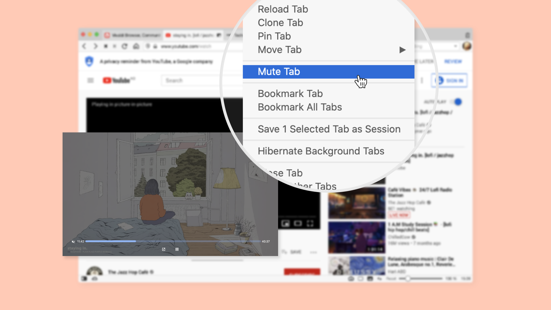 Pop-out Video mute/unmute tab menu.