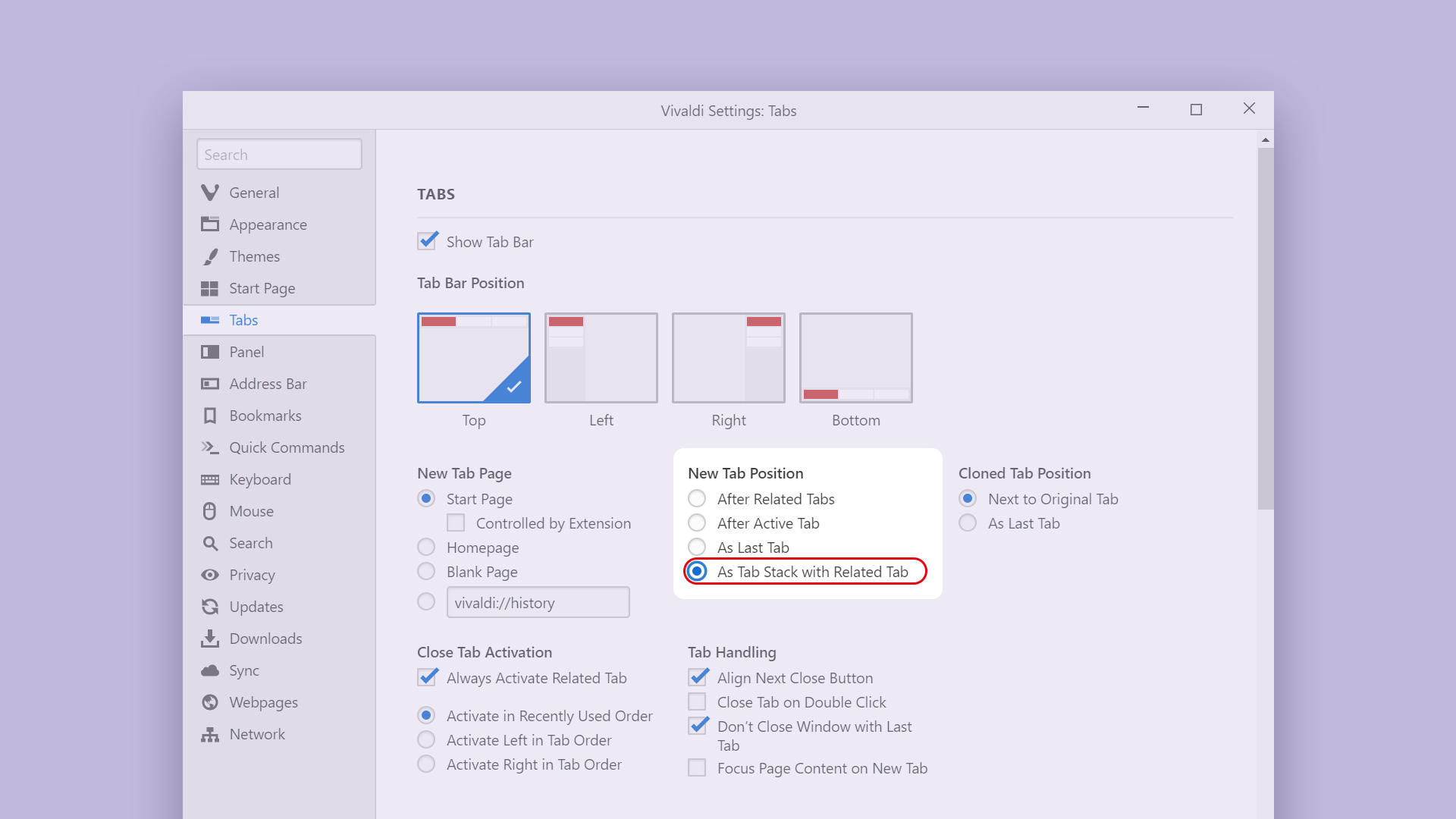 Tab Settings in Vivaldi browser, highlighting the New Tab Position options