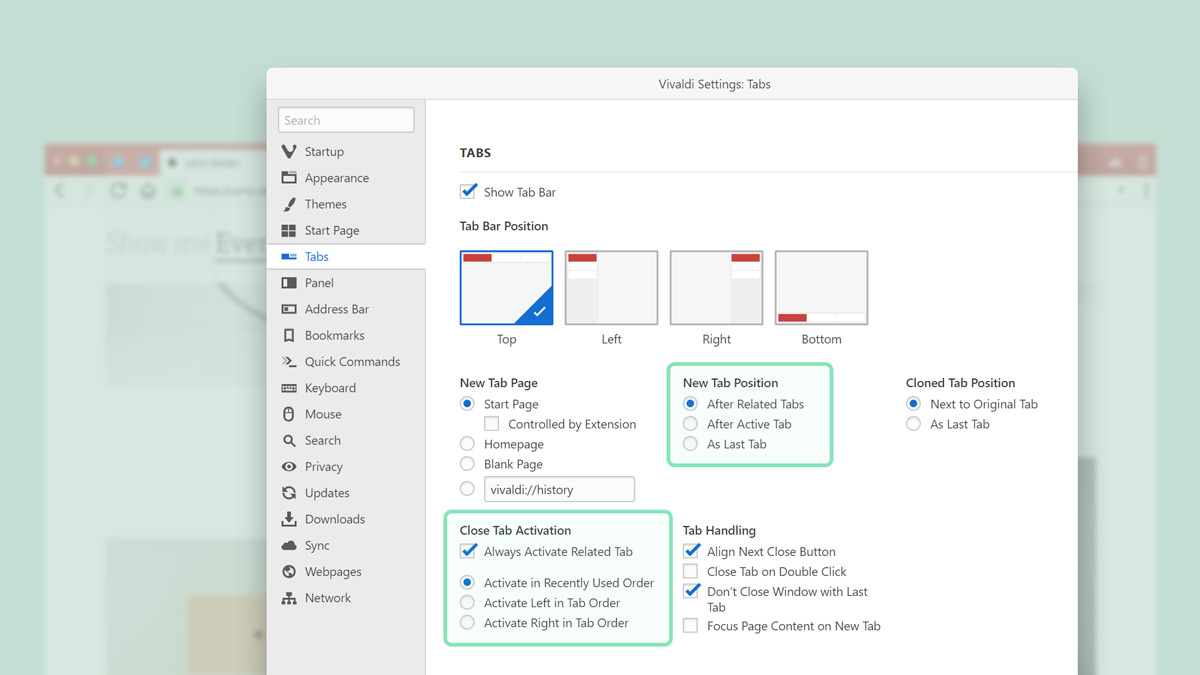 Adjusting The Position Of Newly Opened Tabs Vivaldi Browser