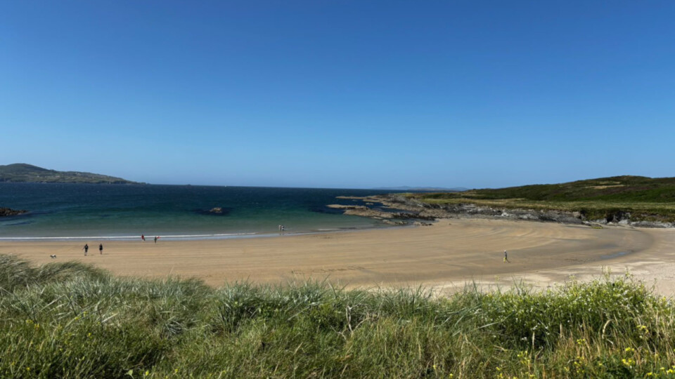 A beach view with clear blue skies