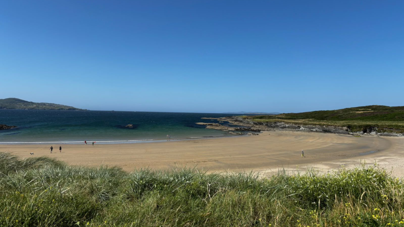 A beach view with clear blue skies