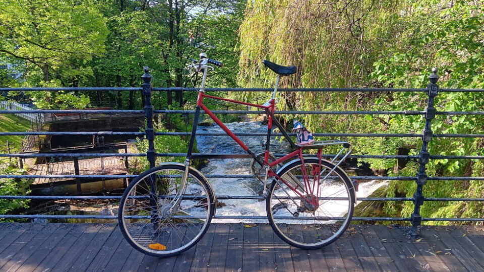 A red and black tallbike in front of a railing behind which is a river with lots of trees.
