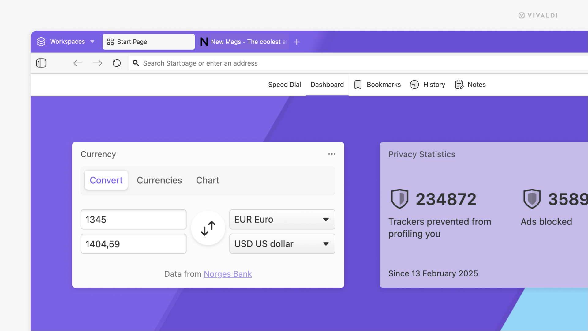 Currency Widget on Vivaldi browser's Dashboard.