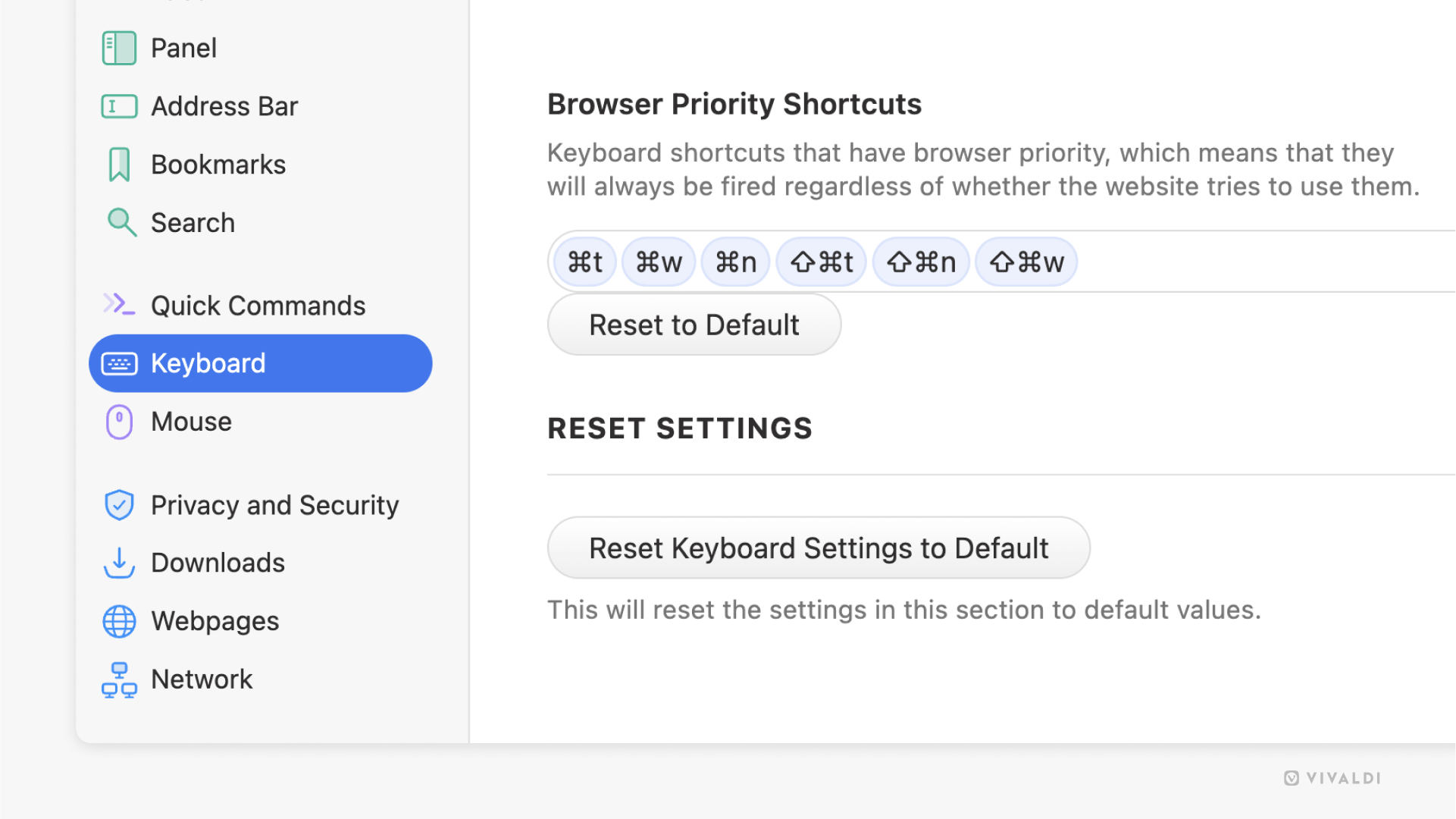 Sección de Atajos de Teclado Prioritarios en la Configuración de Vivaldi.