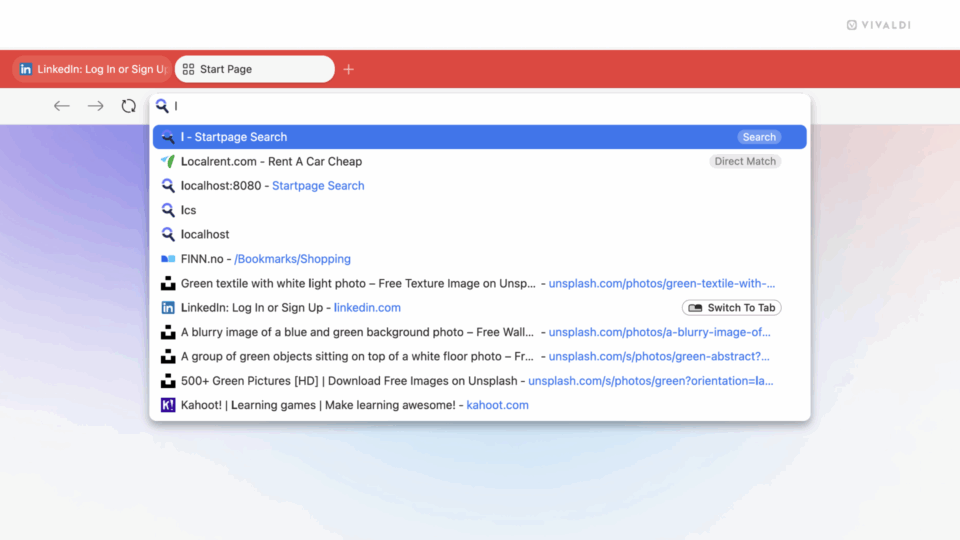Vivaldi browser window. The letter L has been typed into the Address Field and relevant suggestions are shown in the drop-down menu.