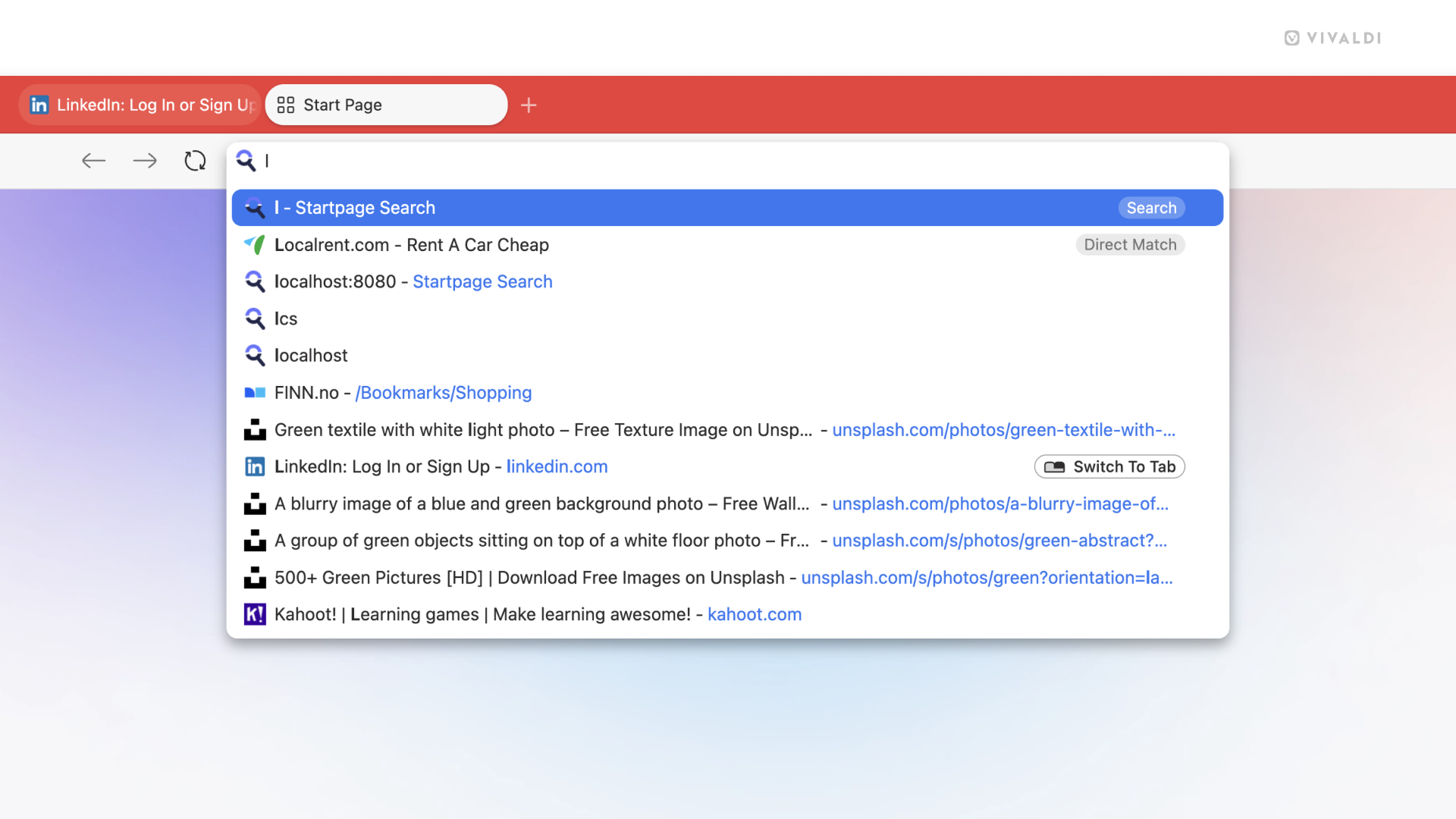 Vivaldi のブラウザウィンドウ。アドレス欄に L の文字が入力され、関連する候補がドロップダウンメニューに表示されている。