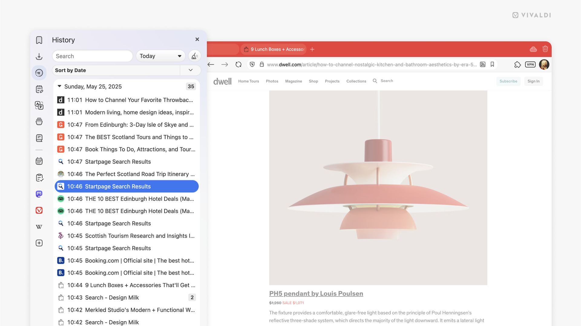 Vivaldi のブラウザウィンドウ。履歴パネルにフォーカスが当たっている。
