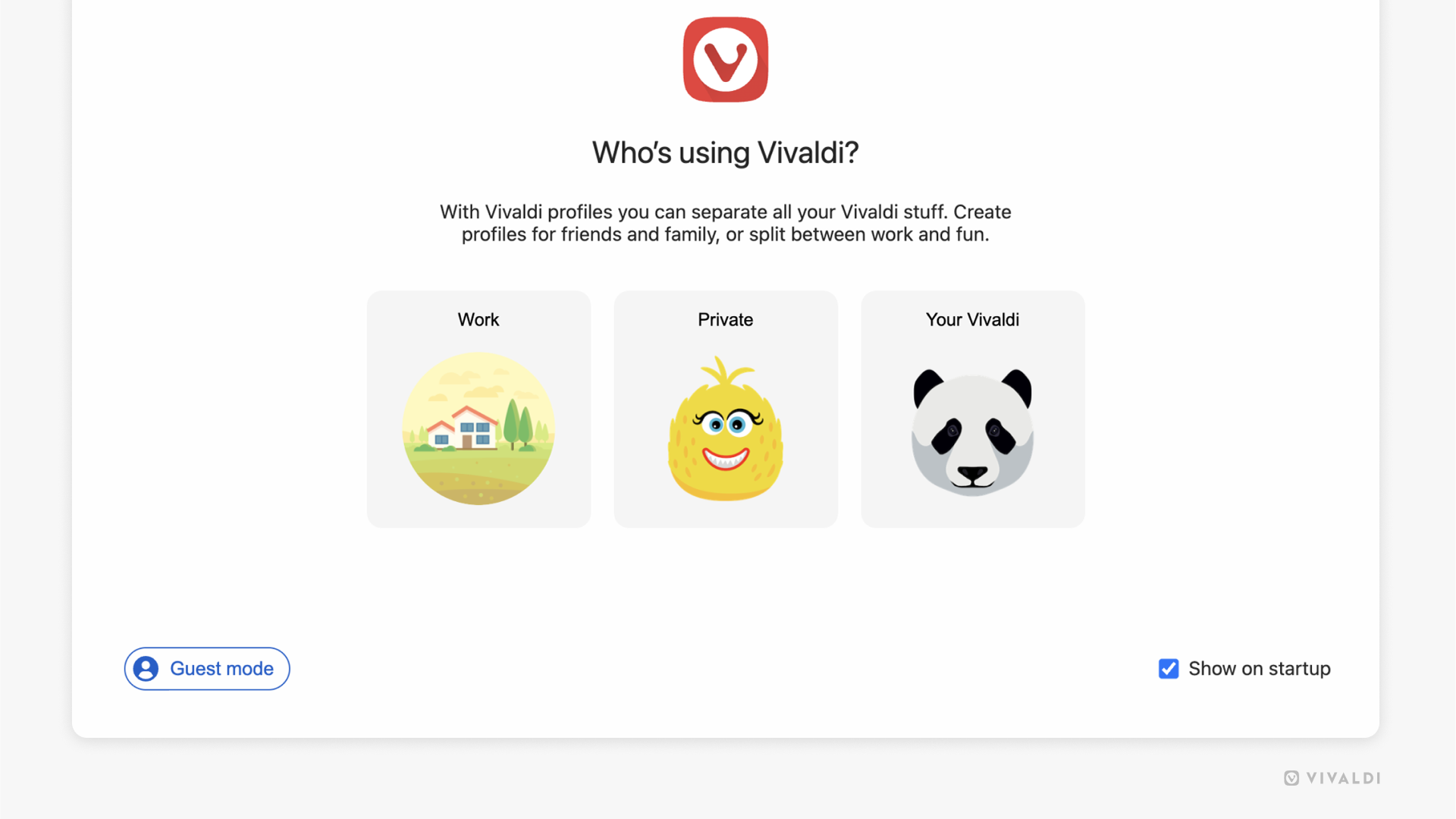 Vivaldi のプロファイルピッカーウィンドウ。