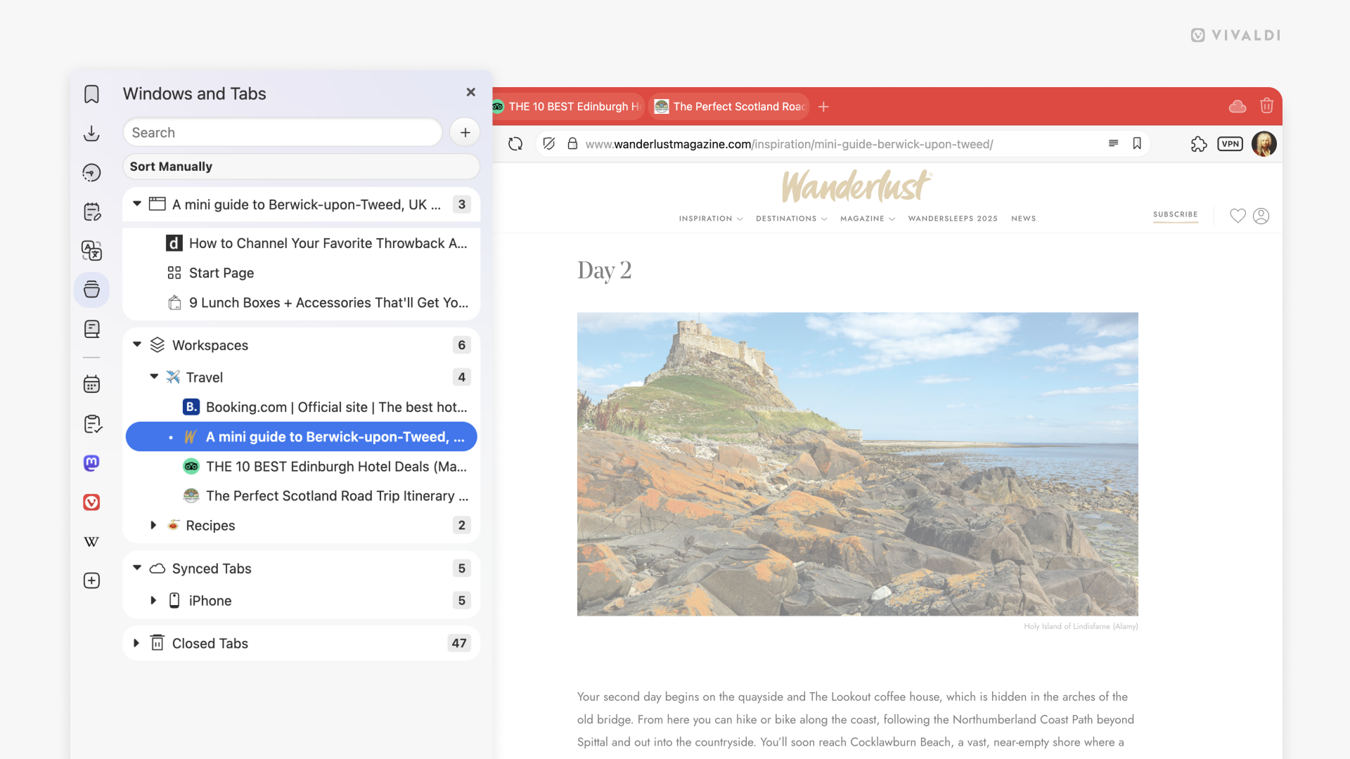 Vivaldi のブラウザウィンドウ。ウィンドウパネルにフォーカスが当たっている。