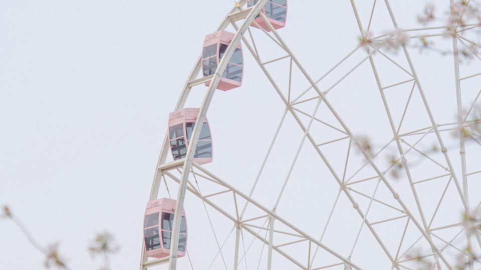 Pink gondolas on a white Ferris wheel against a white sky